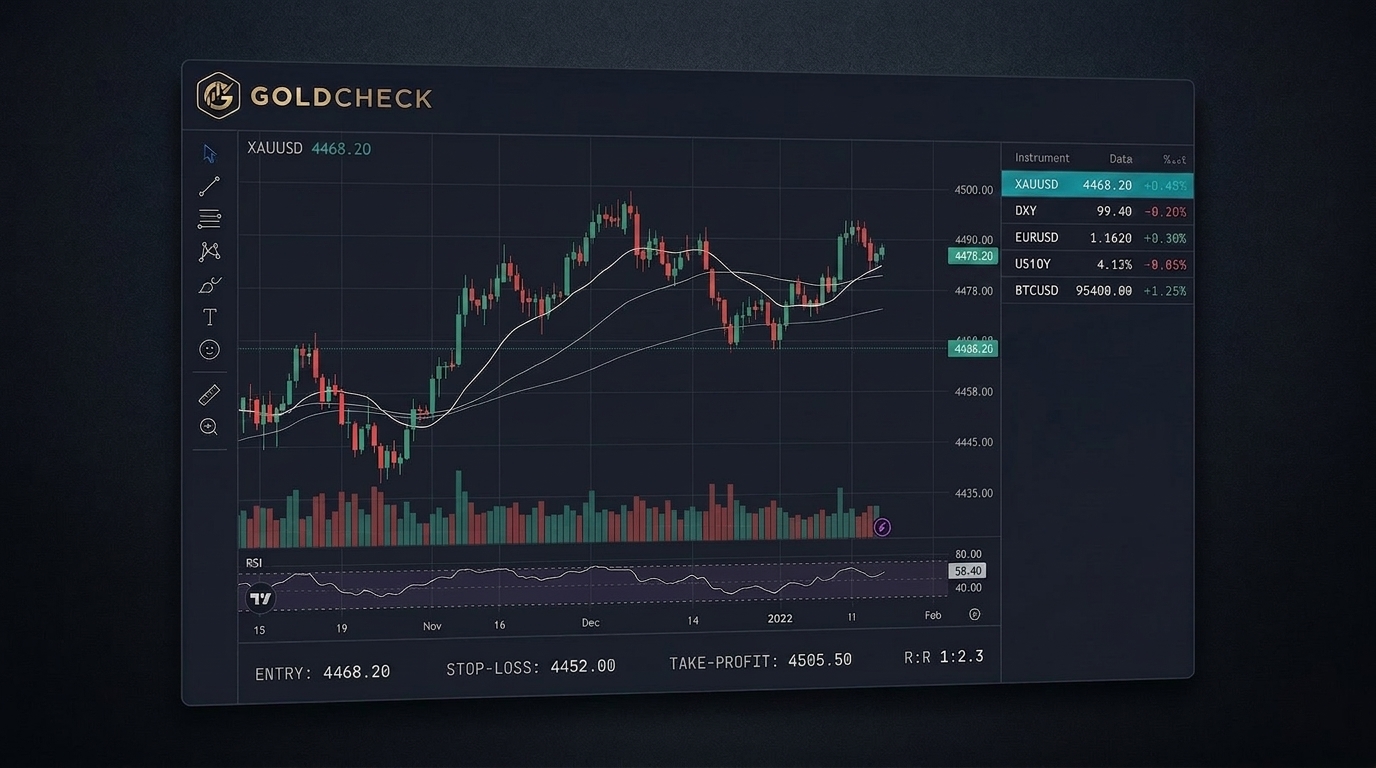 Goldcheck live dashboard: AI analysis of XAUUSD with market bias, trade setup and market context